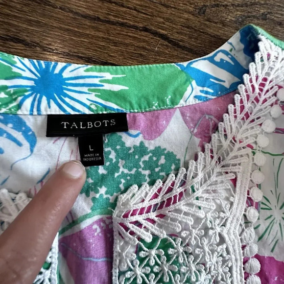 Talbots Womens Large Bright Floral 3/4 Sleeve Popover Cotton V-Neck Top X0917 - Picture 10 of 12